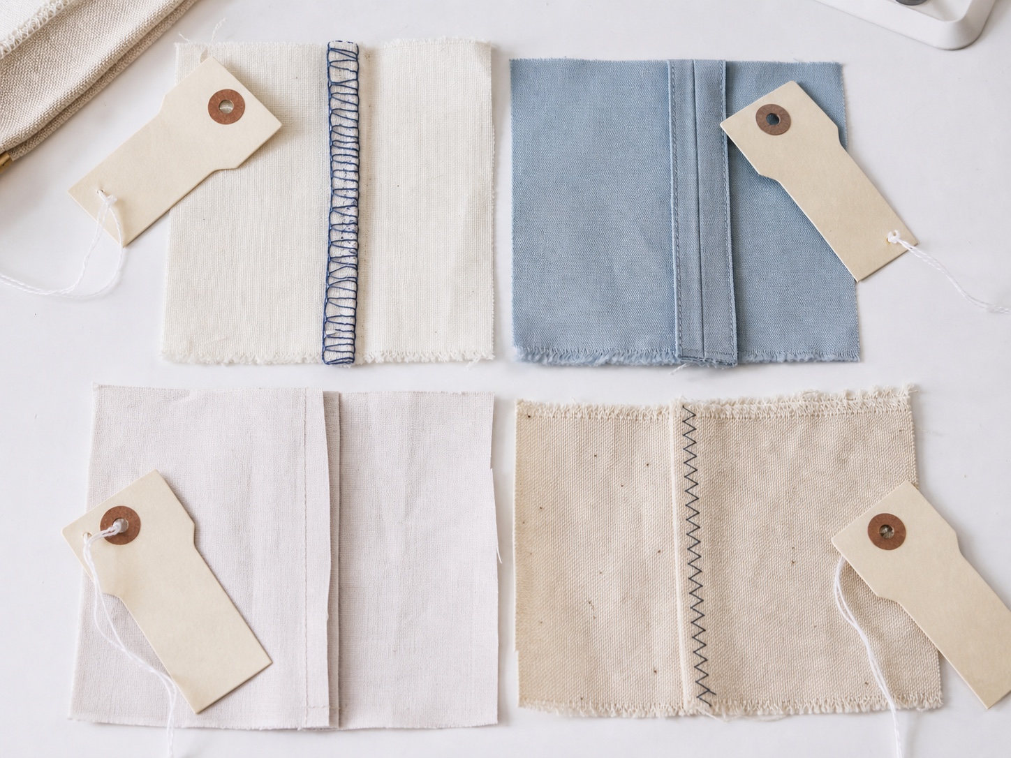 Fabric swatches on a white design table showing several seam finishing methods.