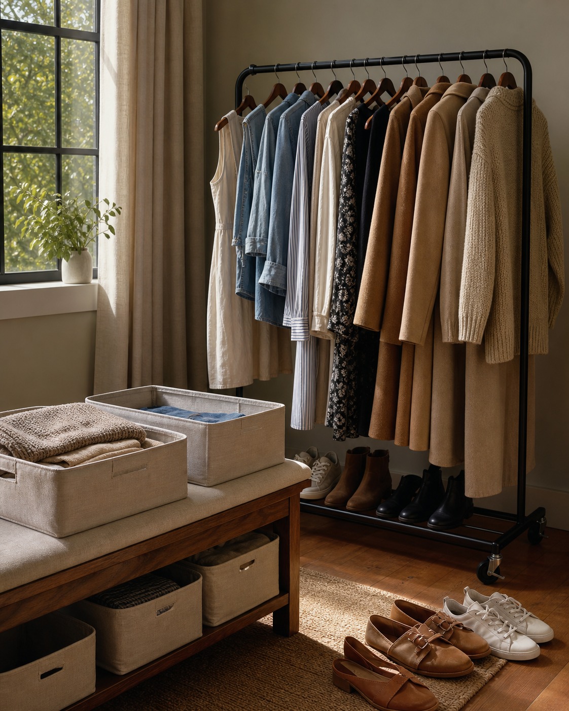 Seasonal wardrobe update with a rolling garment rack, storage boxes, coats, knitwear, and shoes arranged by season.