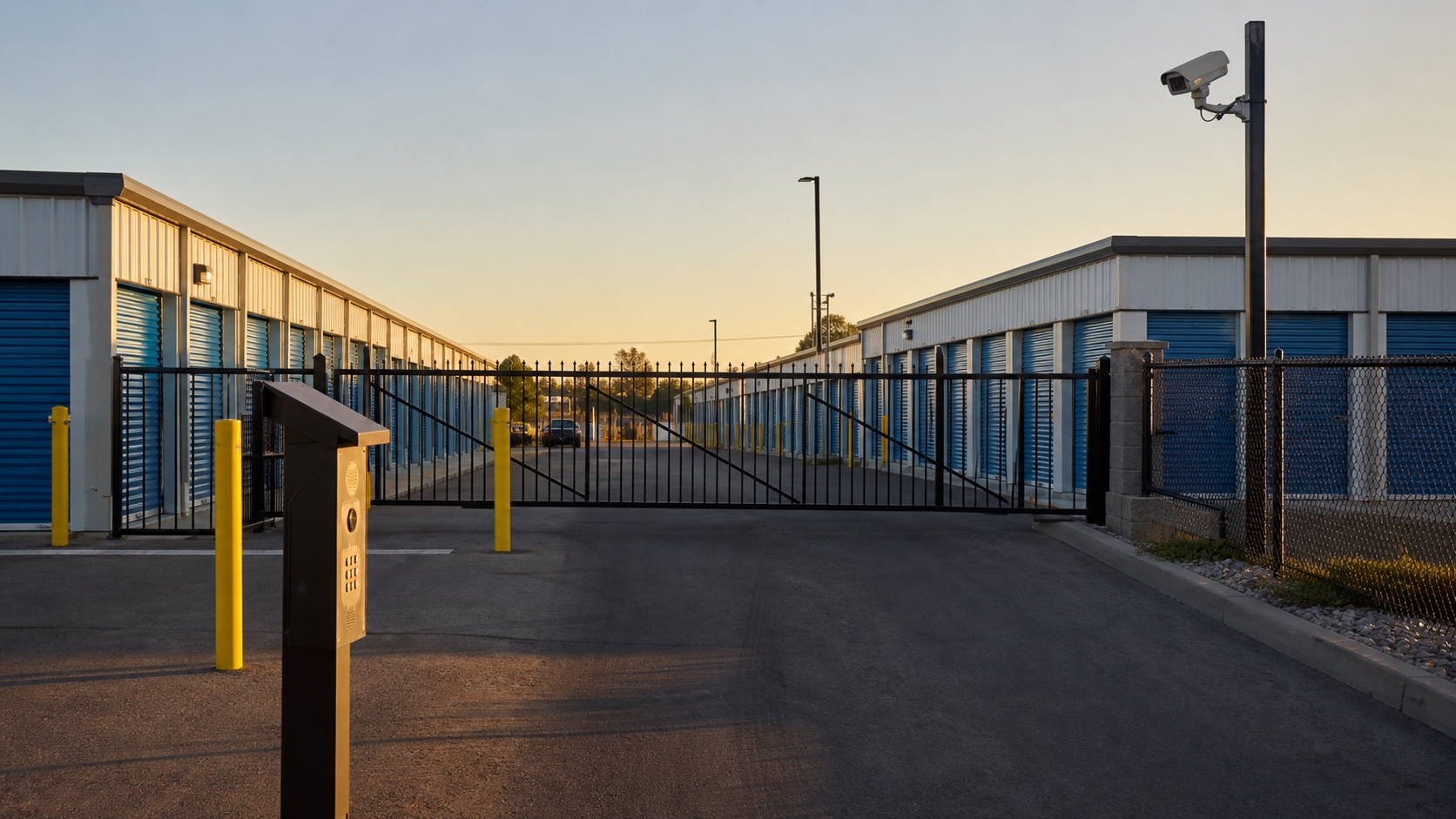 Self-storage facility entrance with gated access, security camera, and rows of storage doors