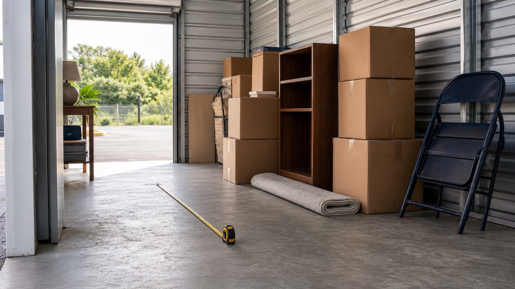 Open self-storage unit with boxes, furniture, a rug, and measuring tape for size planning