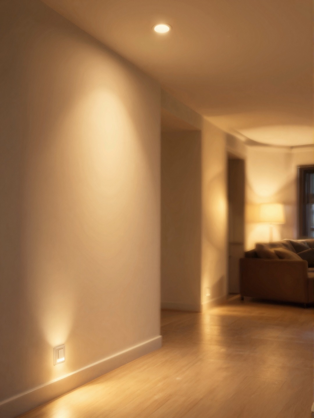 Senior friendly lighting design with warm hallway lights, motion night lights, and easy rocker switches.