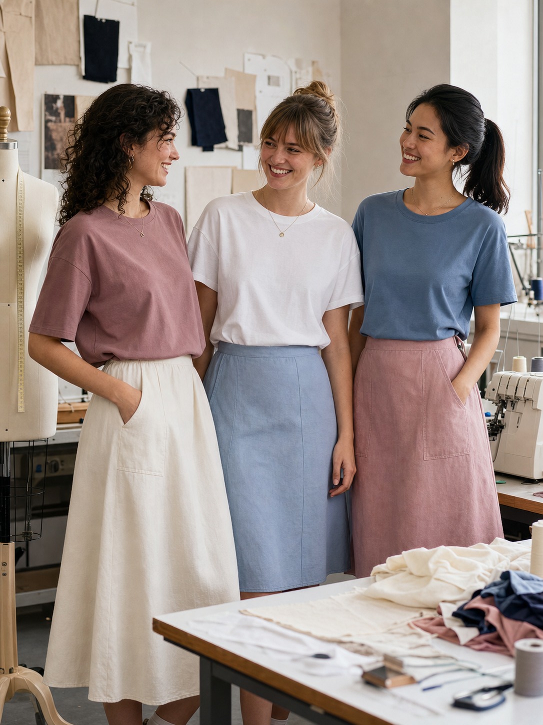 Three adult women wearing finished handmade T-shirts and cotton skirts in a sewing classroom.