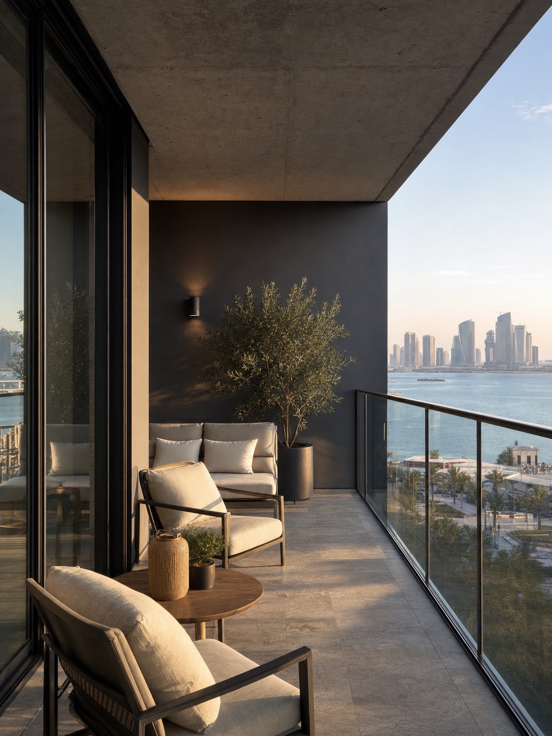 Shaded Abu Dhabi residential balcony with lounge furniture and city water view