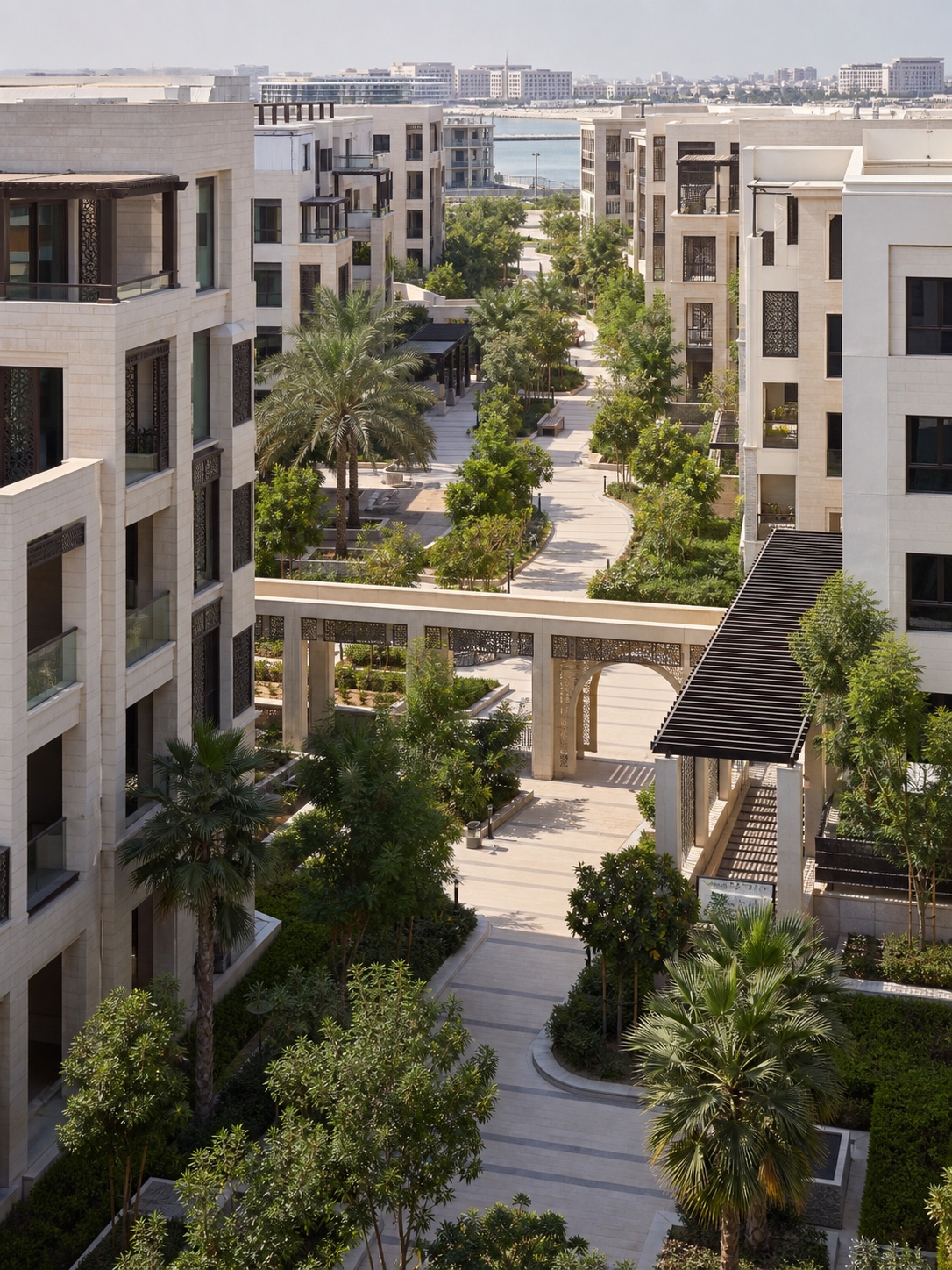Shaded walkable residential community in Abu Dhabi with landscaped paths and covered arcades