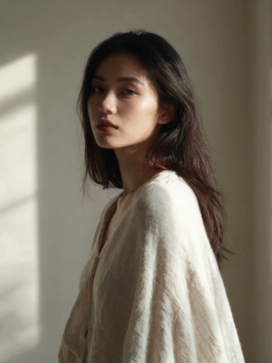 Side Lit Window Portrait Side lit portrait of a woman shaped by soft natural window light against a textured wall | Sky Rye Design Side lit portrait of a woman shaped by soft natural window light against a textured wall