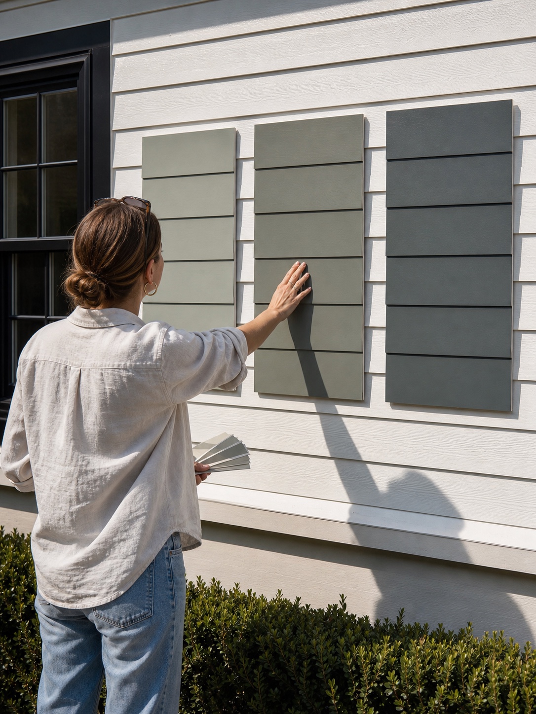 Paint Sample Testing on Exterior Wall Large grey-green siding sample boards mounted on a house exterior wall for color testing in afternoon light. | Sky Rye Design Large grey-green siding sample boards mounted on a house exterior wall for color testing in afternoon light.