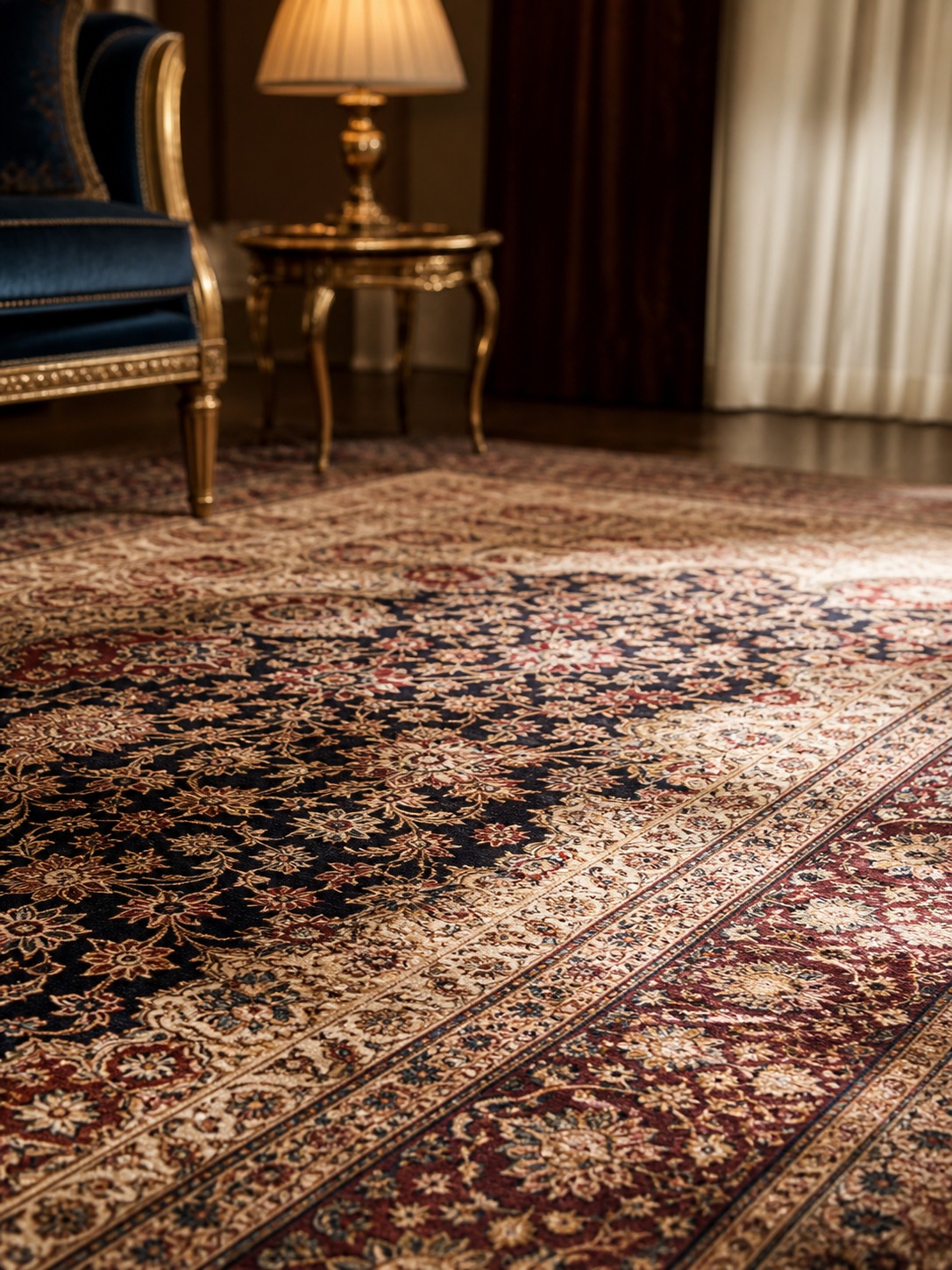 Hand-knotted silk Persian carpet detail showing fine pattern and natural sheen under warm lamp light.