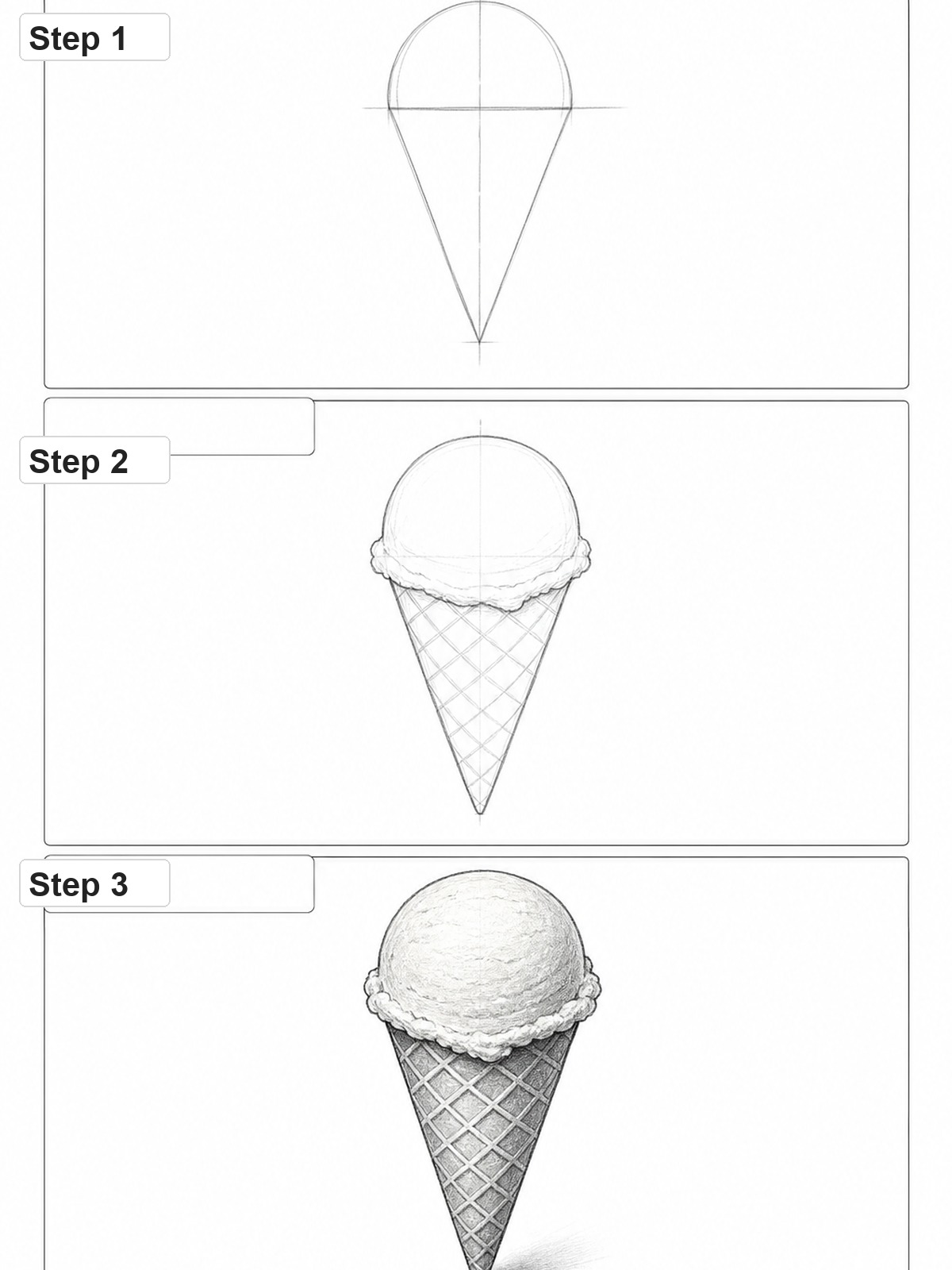 Single scoop ice cream cone step by step Three-step pencil tutorial showing construction, outline, and shading for a single scoop ice cream cone | Sky Rye Design Three-step pencil tutorial showing construction, outline, and shading for a single scoop ice cream cone
