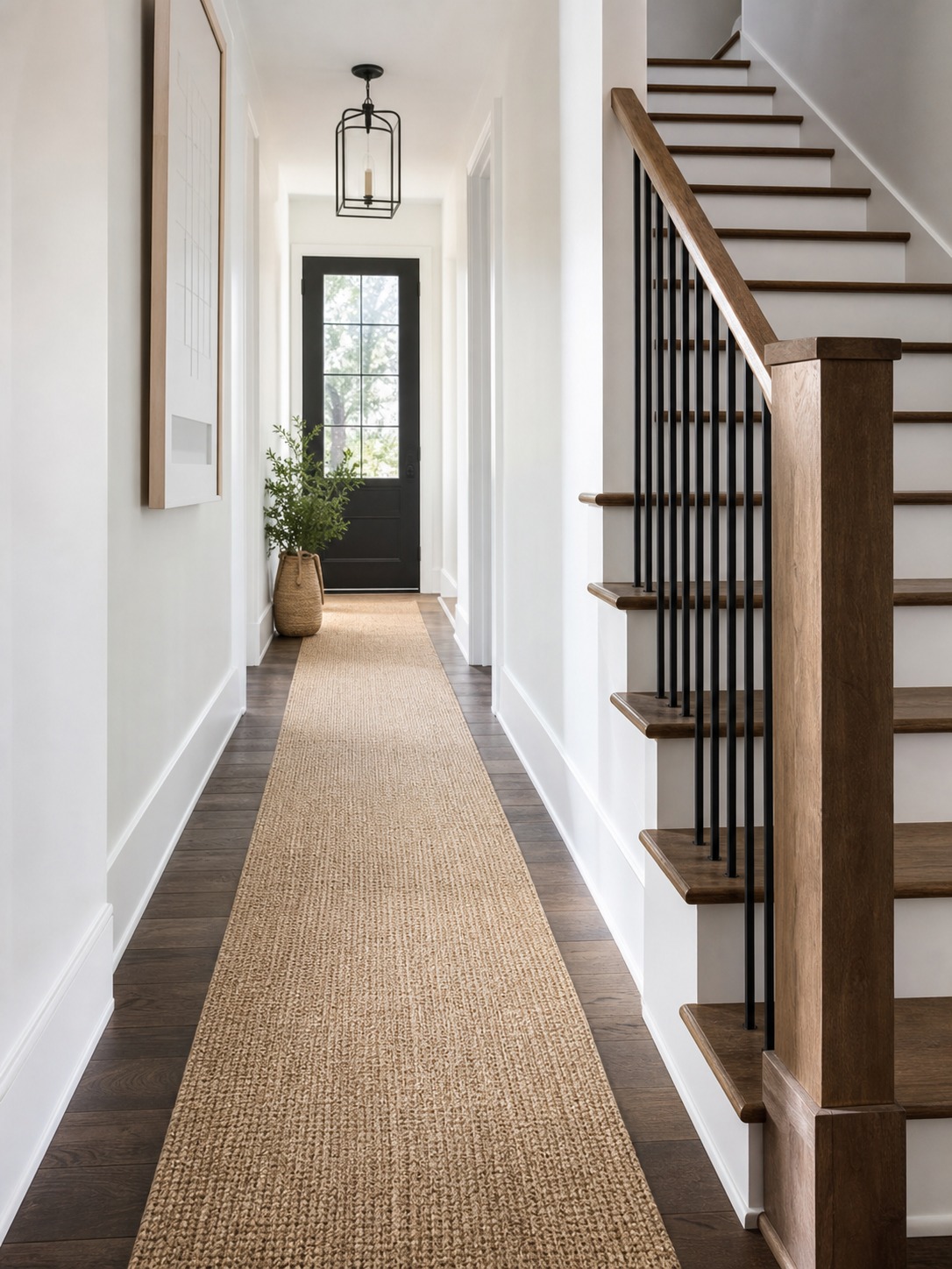 Contemporary hallway with a sisal natural fiber carpet runner beside a wooden staircase.