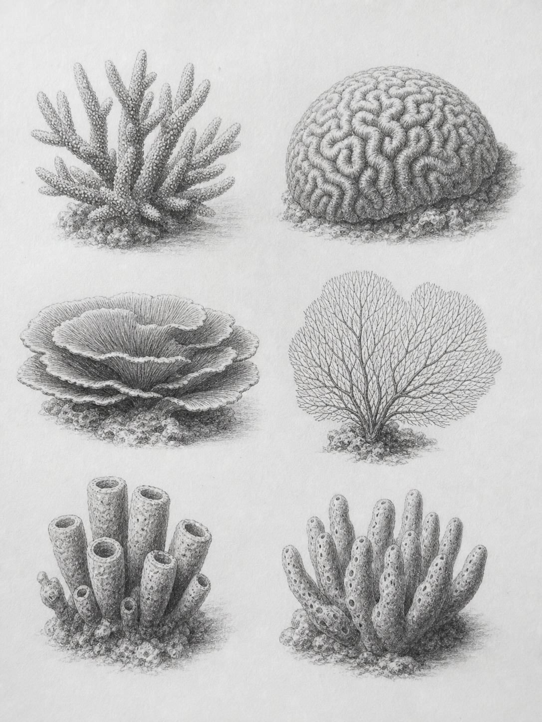 Pencil field guide showing six coral types arranged as small studies.