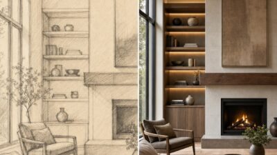 Split image comparing a hand-drawn living room sketch with the same room as a finished photorealistic render.