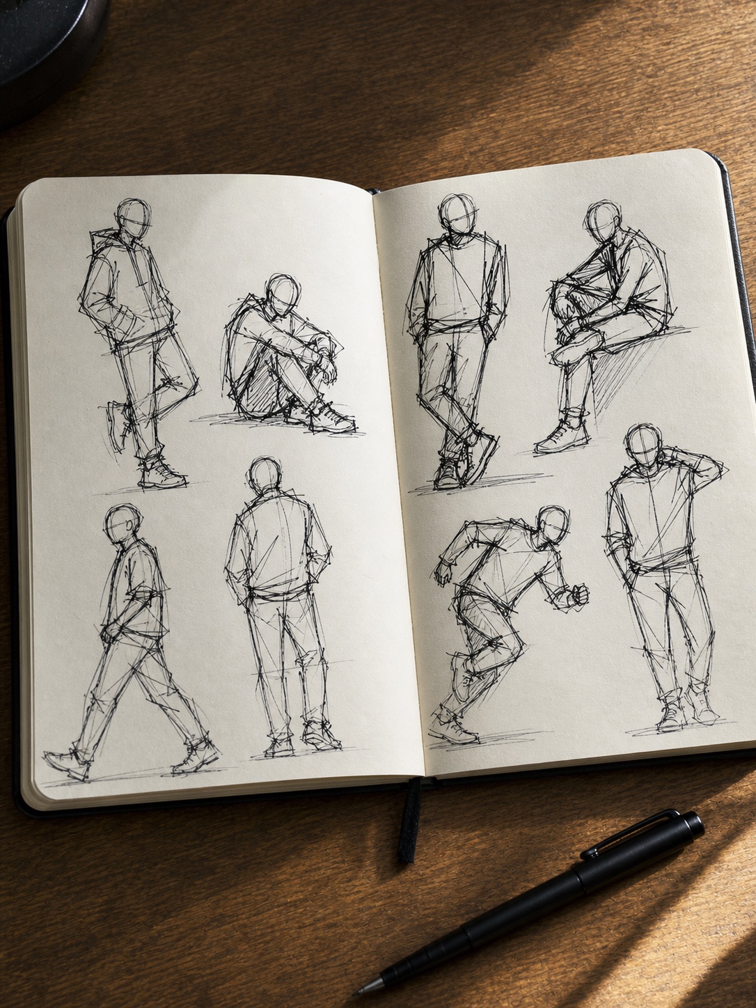 Open sketchbook page filled with loose gesture drawing warm-ups in black brush pen.
