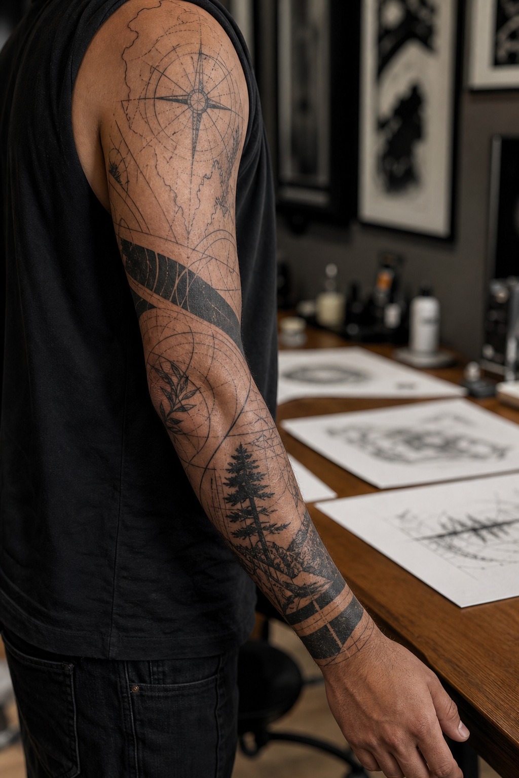 Sleeve tattoo planning reference for men Sleeve tattoo planning reference for men showing shoulder to wrist arm flow | Sky Rye Design Sleeve tattoo planning reference for men showing shoulder to wrist arm flow