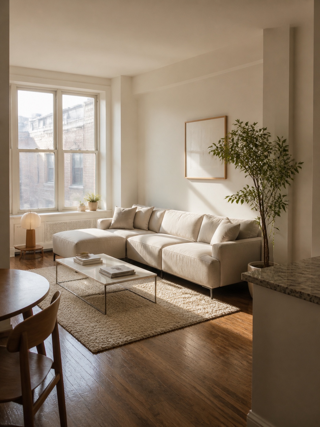 Small apartment modular sofa finished room Well-proportioned small apartment living room with a cream modular sofa on raised legs. | Sky Rye Design Well-proportioned small apartment living room with a cream modular sofa on raised legs.