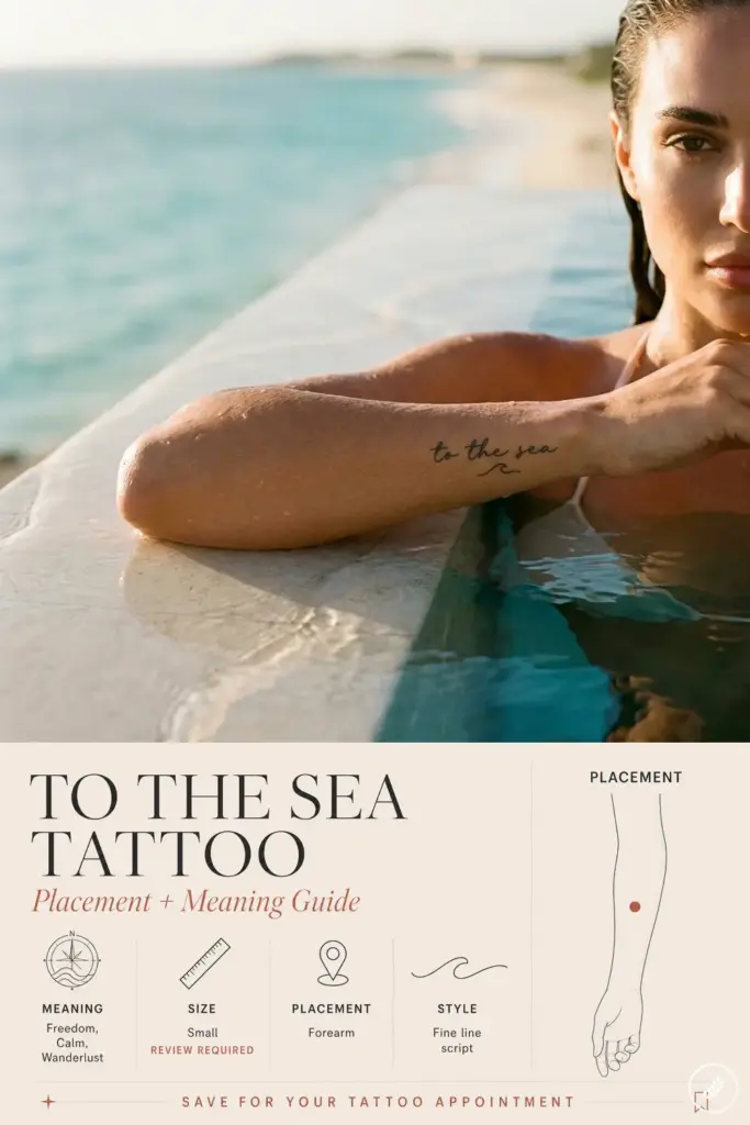 to-the-sea-tattoo-reference-pin-01 Close-up of woman in pool with to the sea fine-line forearm tattoo; infographic below shows meaning, size and placement | Sky Rye Design Close-up of woman in pool with to the sea fine-line forearm tattoo; infographic below shows meaning, size and placement