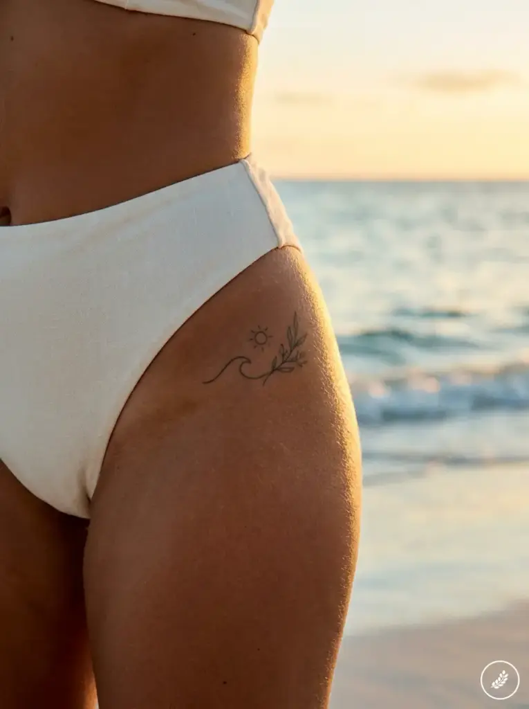Woman_with_hip_tattoo_sunset_202607201726 Close-up of woman's hip in white bikini bottom with small sun, wave and leaf tattoo at beach sunset | Sky Rye Design Close-up of woman's hip in white bikini bottom with small sun, wave and leaf tattoo at beach sunset
