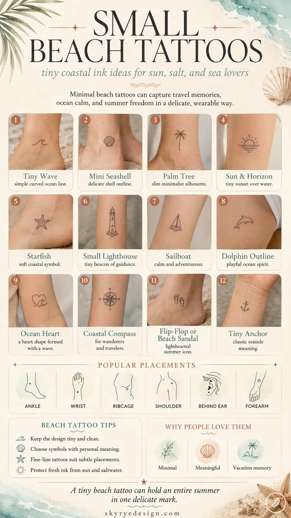 small-beach-tattoo-11 Infographic of 12 tiny beach tattoo ideas: wave, seashell, palm, sun, lighthouse, sailboat, dolphin, anchor; placement tips. | Sky Rye Design Infographic of 12 tiny beach tattoo ideas: wave, seashell, palm, sun, lighthouse, sailboat, dolphin, anchor; placement tips.