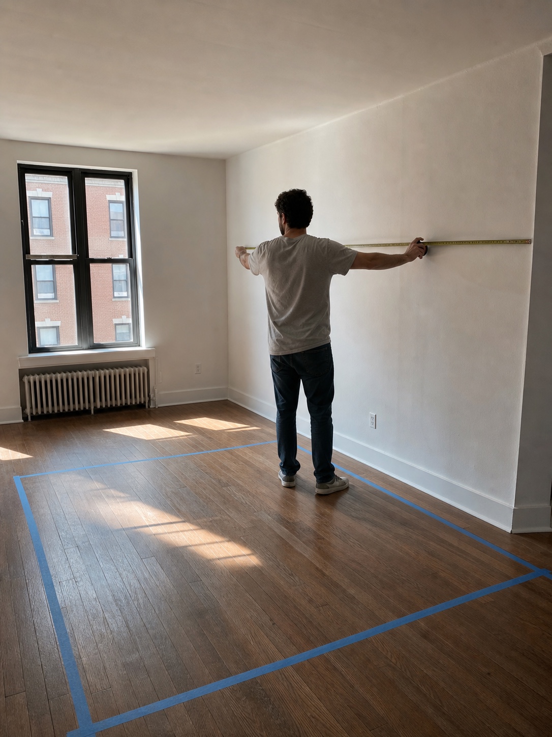 Small living room measuring for sofa Person measuring a small living room wall before choosing a modular sofa. | Sky Rye Design Person measuring a small living room wall before choosing a modular sofa.