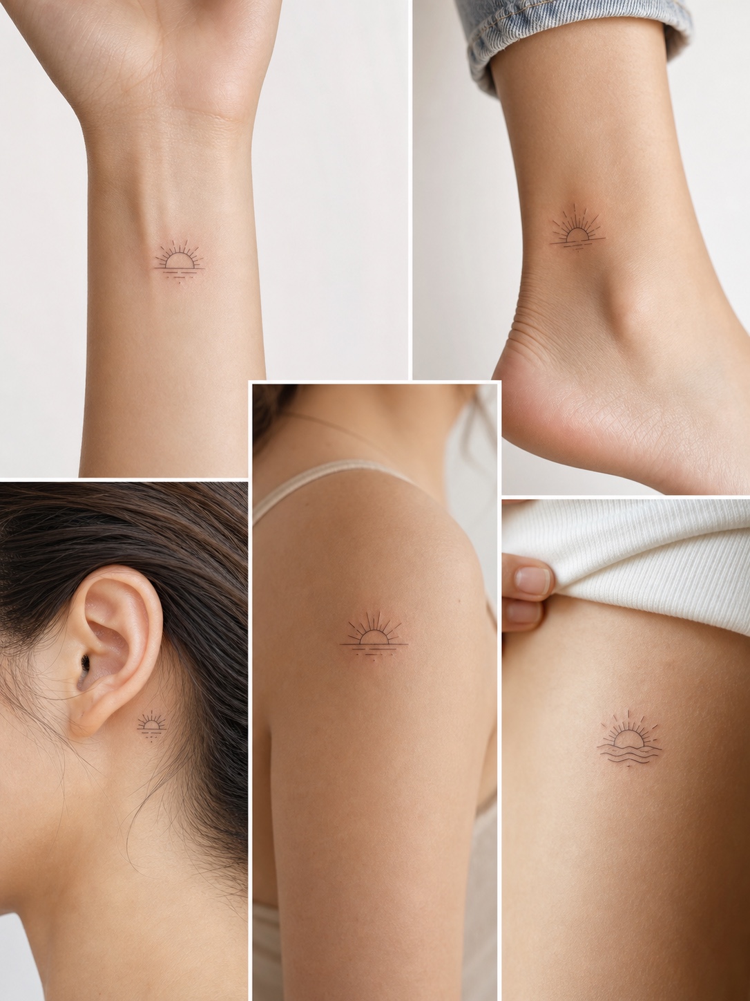 Small minimalist sunrise tattoo examples on wrist, ankle, and behind the ear.