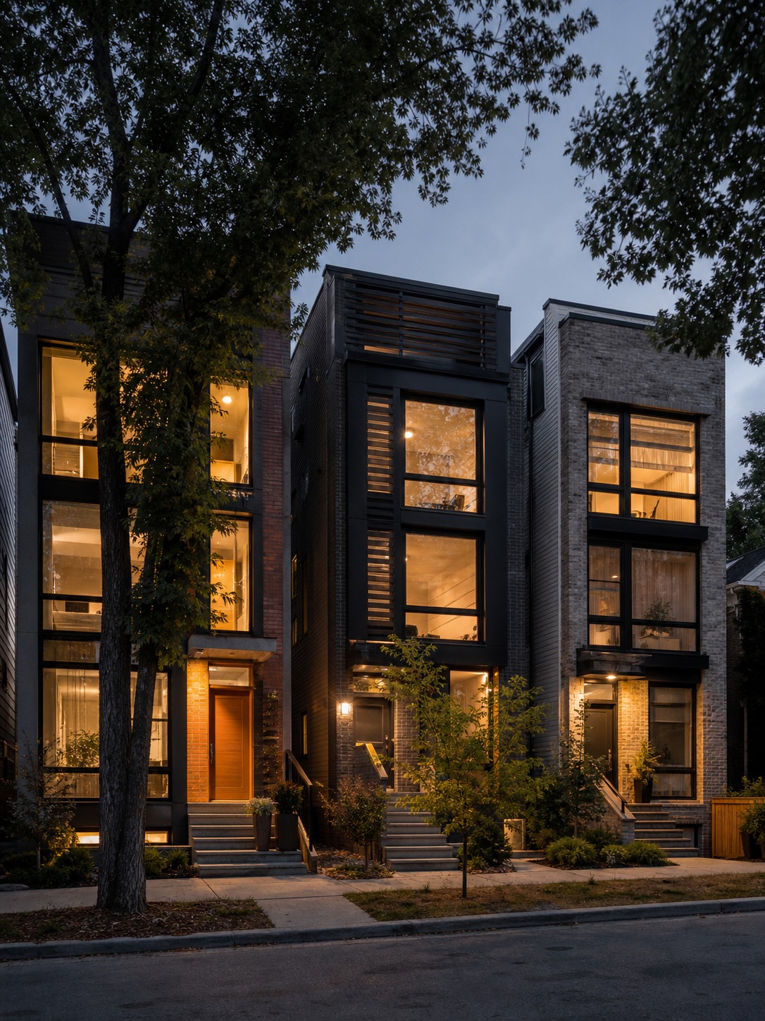 Small modern urban infill homes at twilight A row of compact modern infill homes glows warmly on narrow city lots at twilight. | Sky Rye Design A row of compact modern infill homes glows warmly on narrow city lots at twilight.