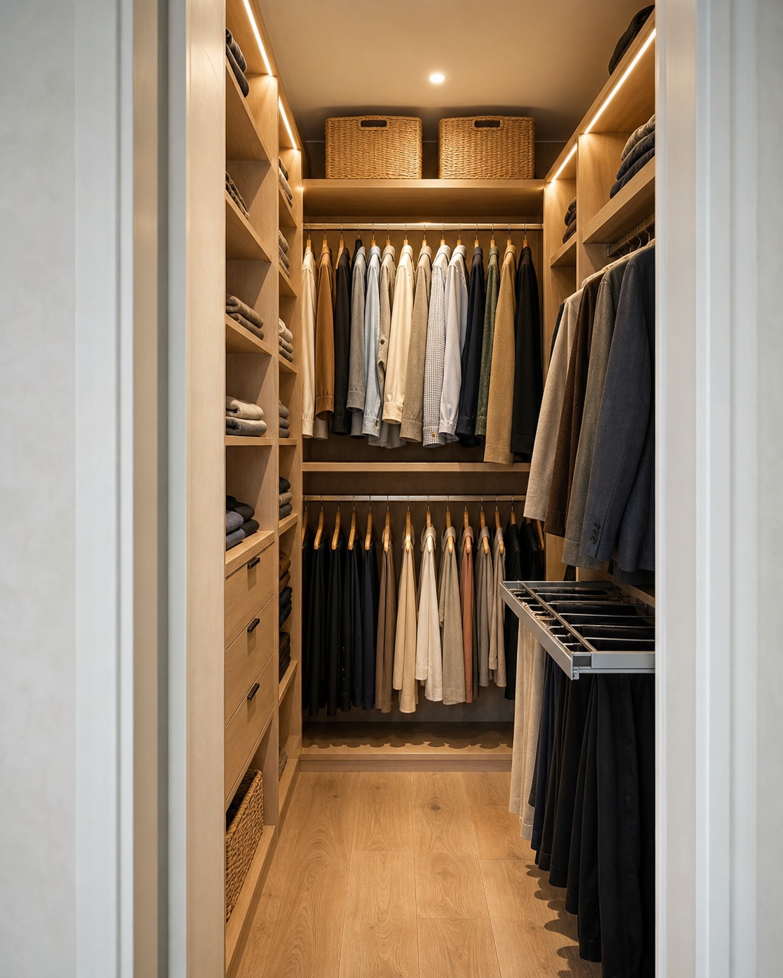 Small wardrobe room with double hanging rods, vertical shelves, pull-out storage, and warm cabinet lighting.