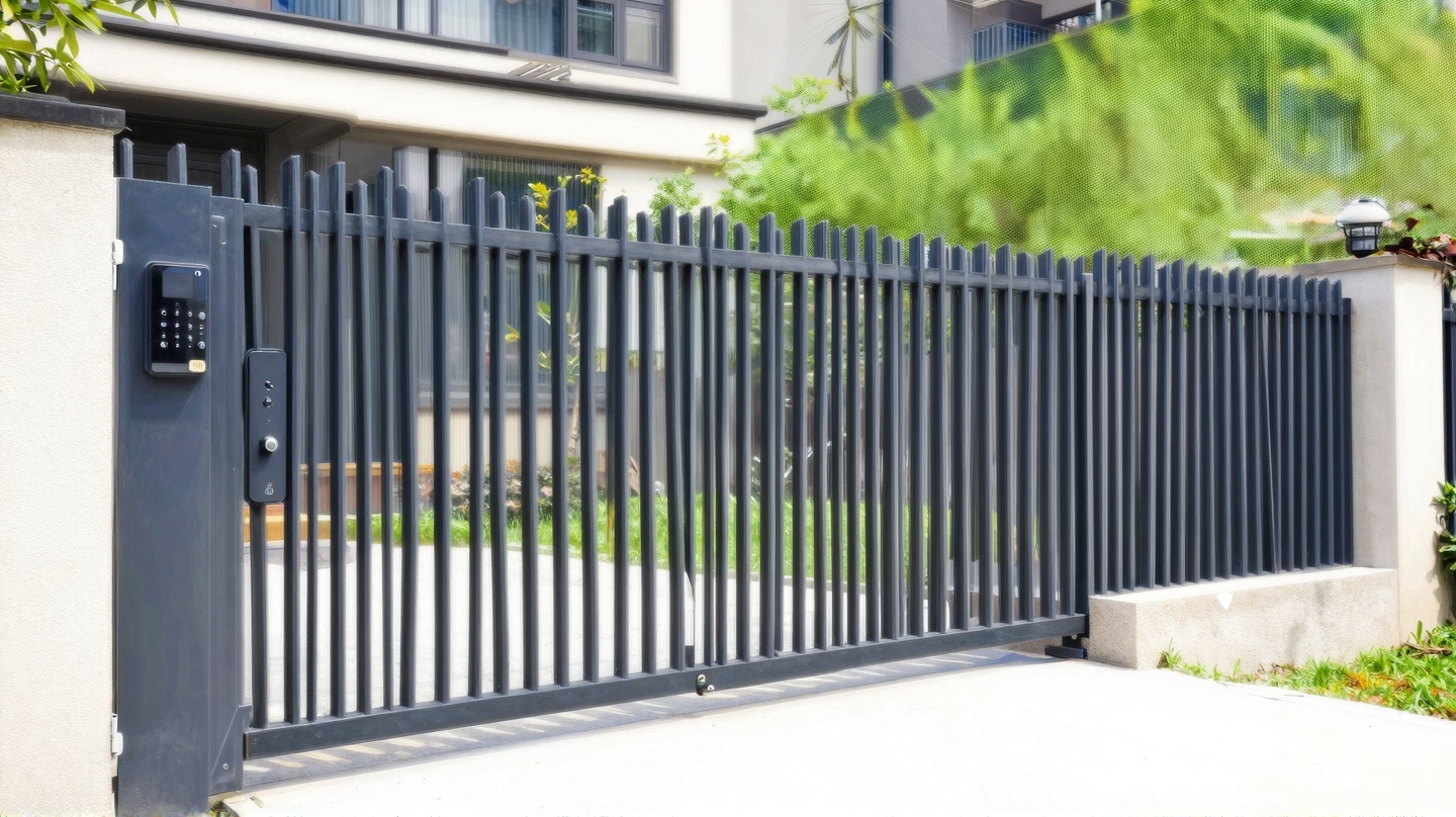 Smart gate keypad with secure metal fencing Tall black metal picket fence with smart gate keypad and residential security lighting | Sky Rye Design Tall black metal picket fence with smart gate keypad and residential security lighting