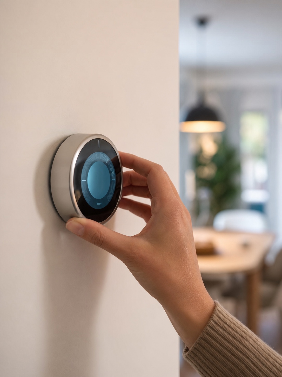 Close-up of a modern round smart thermostat on a clean white wall, with a hand adjusting the setting.