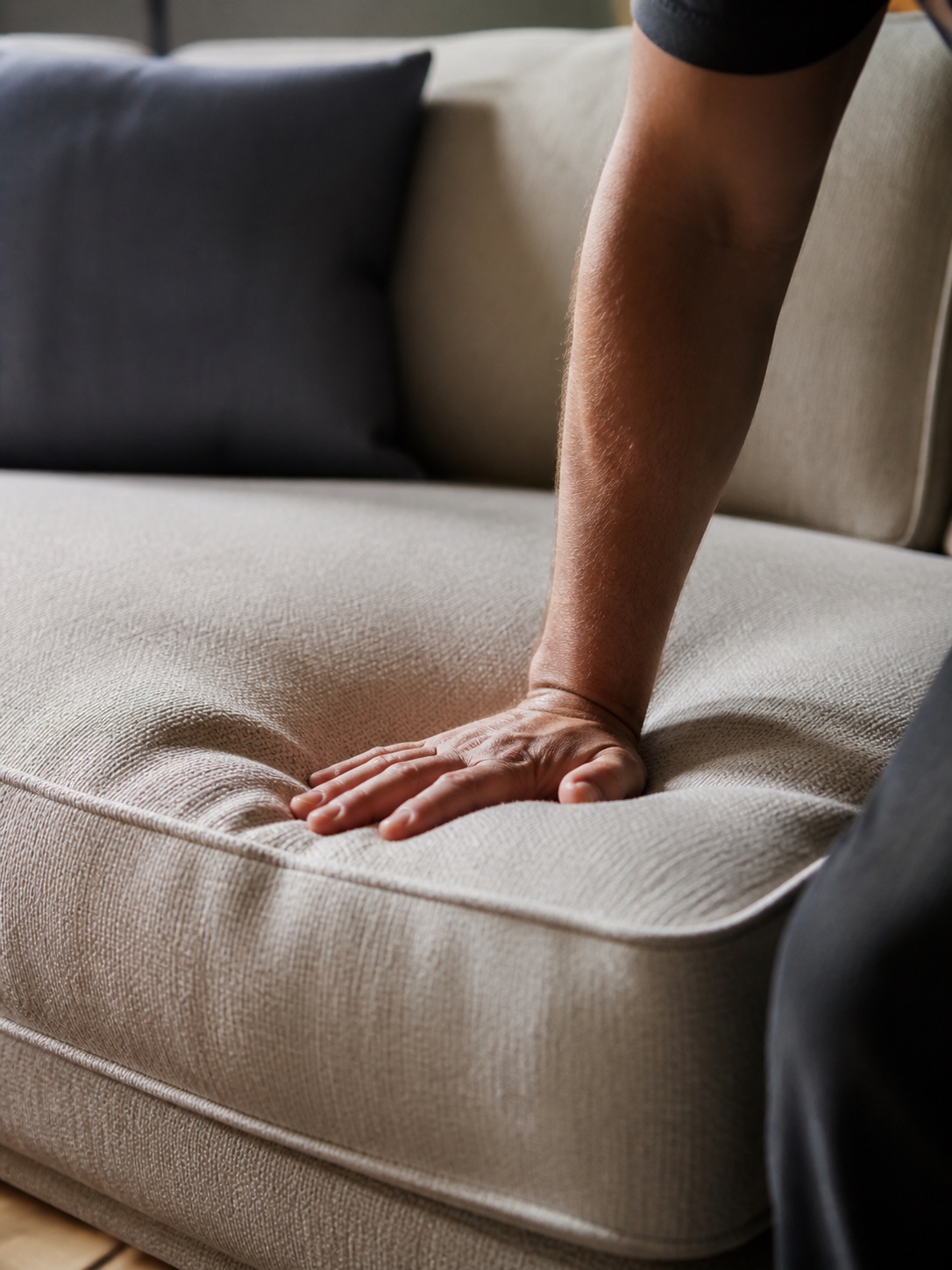 Hand pressing down on a sofa cushion to test compression and recovery
