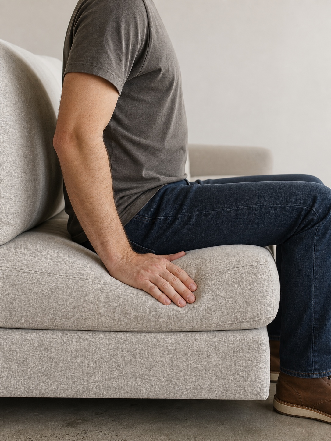 Sofa Cushion Firmness Testing A person sits on a sofa cushion while pressing beside the seat to test cushion firmness. | Sky Rye Design A person sits on a sofa cushion while pressing beside the seat to test cushion firmness.