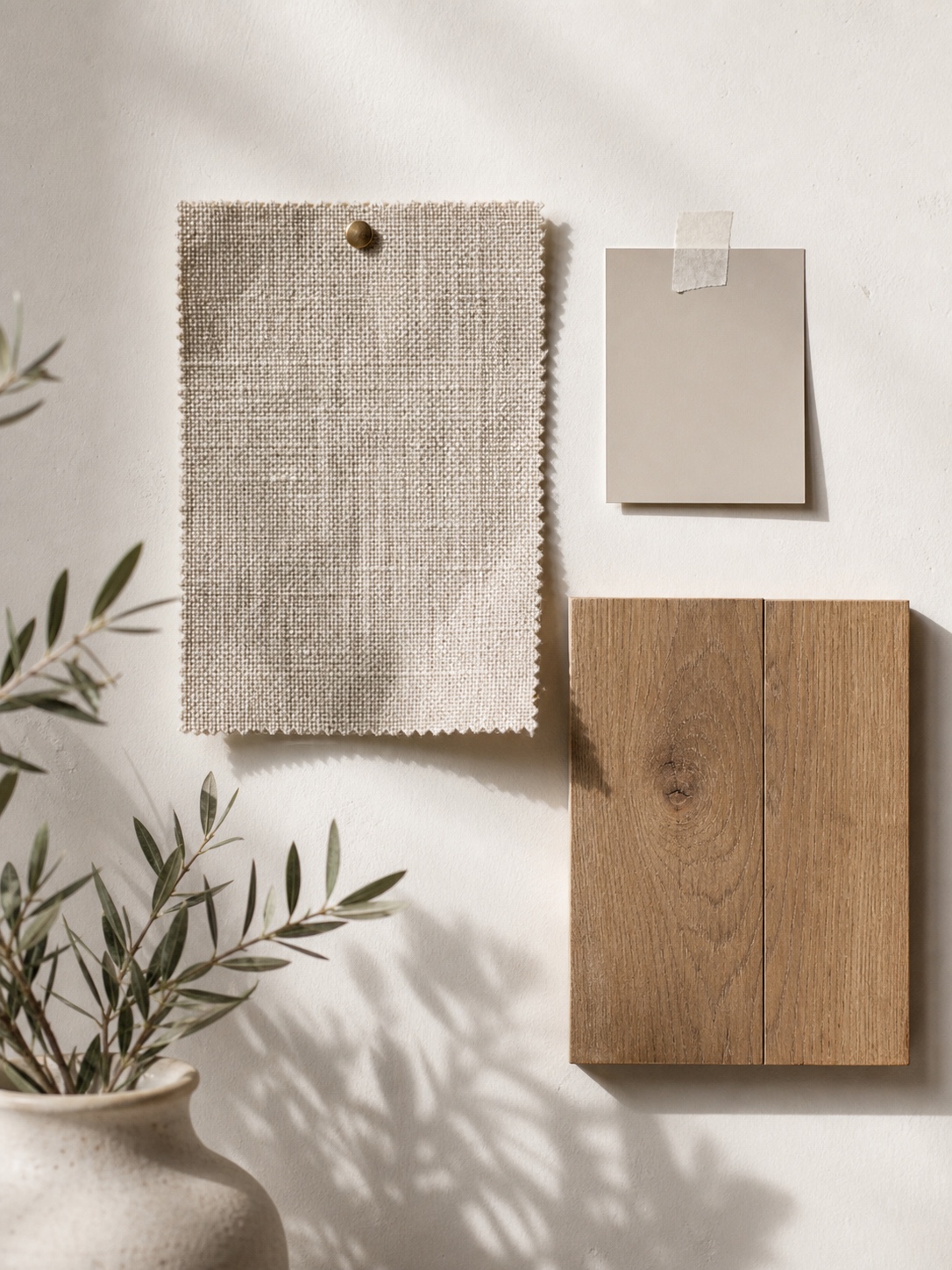 Sofa Fabric Swatch with Wood Floor and Wall A sofa fabric swatch is compared with a wood floor sample and painted wall chip in natural daylight. | Sky Rye Design A sofa fabric swatch is compared with a wood floor sample and painted wall chip in natural daylight.