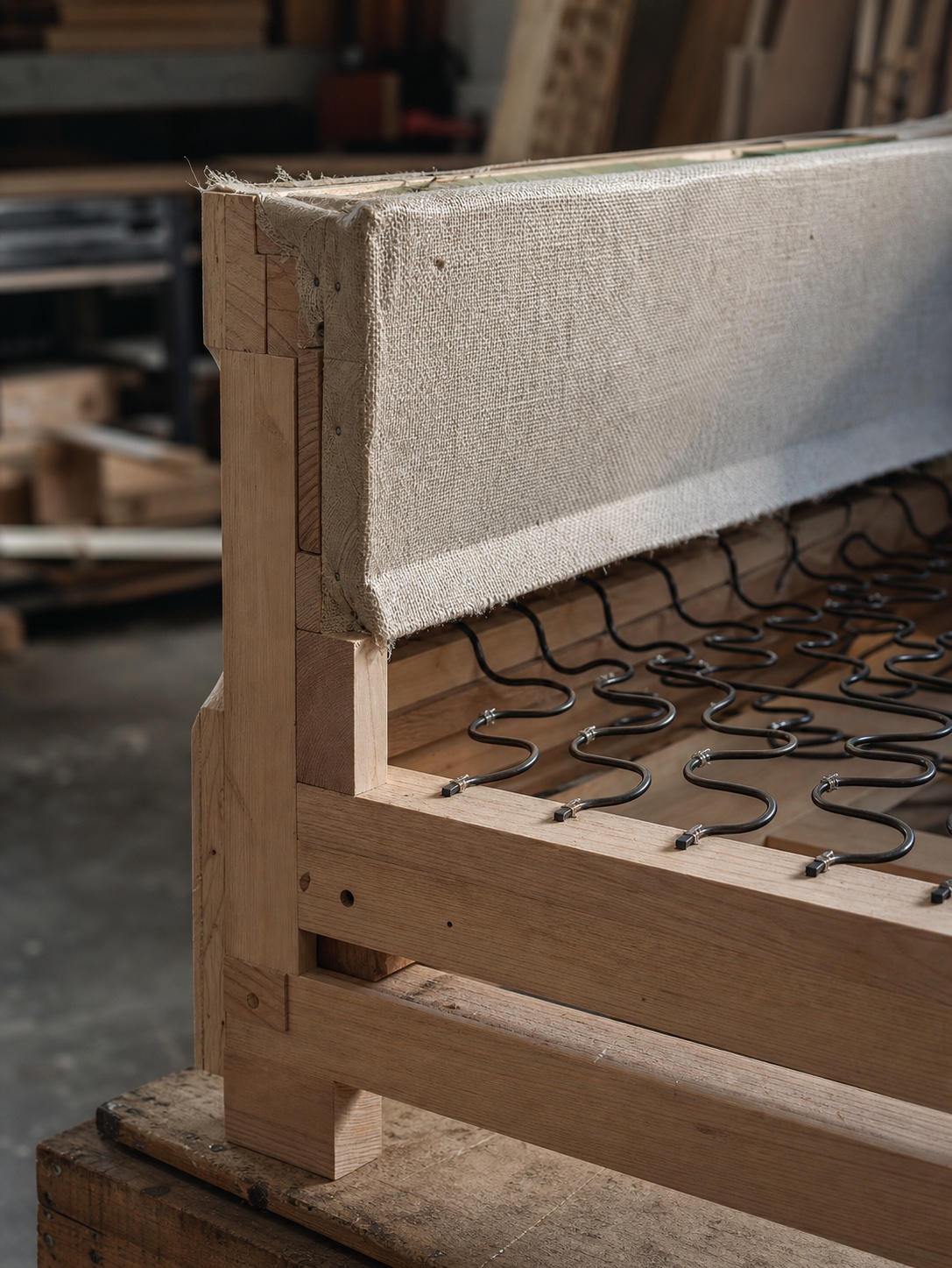 Workshop view of a kiln-dried hardwood sofa frame with sinuous springs visible.