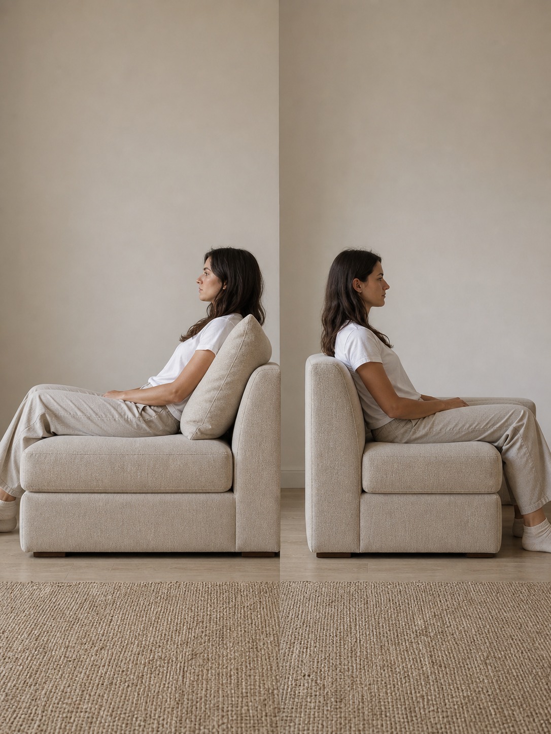 Side-by-side sofa seat depth comparison showing a deep casual seat and a shallower upright seat.