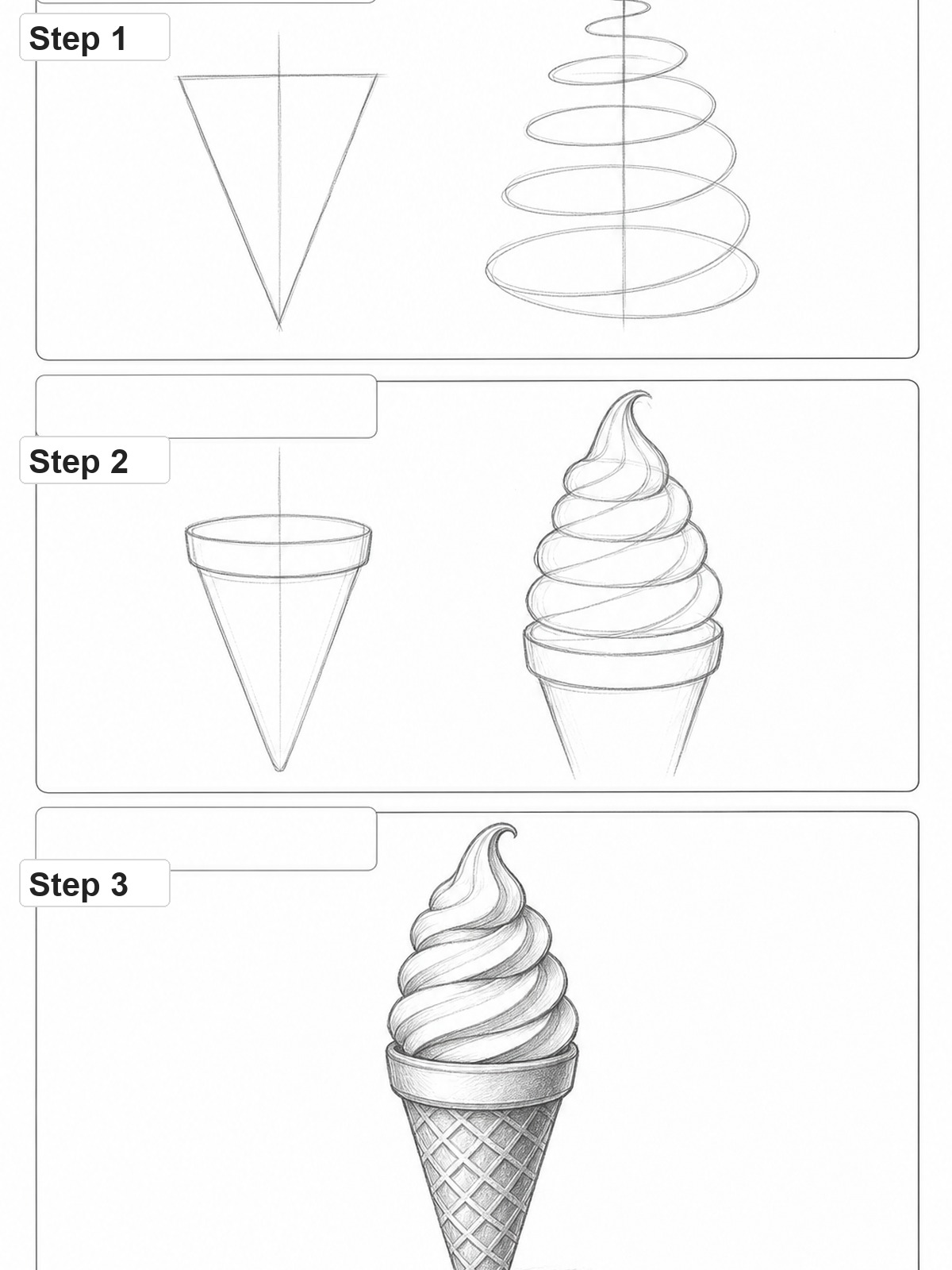 Soft serve swirl ice cream cone drawing tutorial Step 1: left shows a simple cone outline and a separate spiral coil on the right; basic shapes sketched for a drawing. | Sky Rye Design Three-step pencil tutorial showing construction and shading for a soft serve swirl ice cream cone