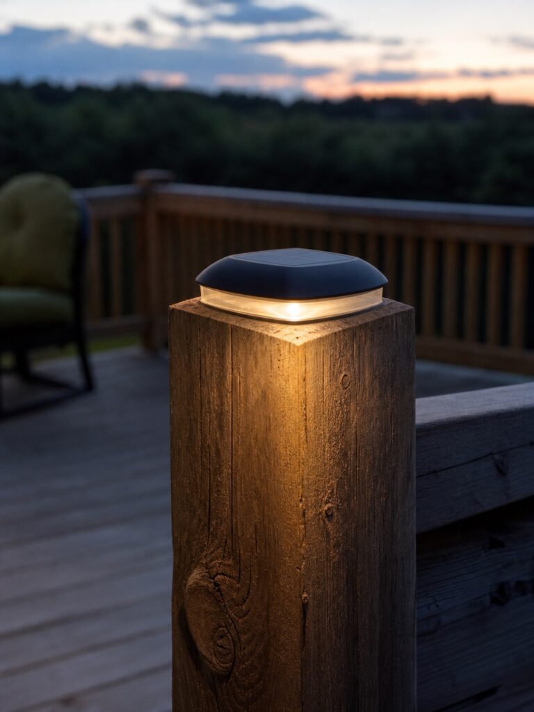 Solar deck post cap light at dusk Small solar-powered cap light glowing softly on a wooden post at the edge of a deck. | Sky Rye Design Small solar-powered cap light glowing softly on a wooden post at the edge of a deck.