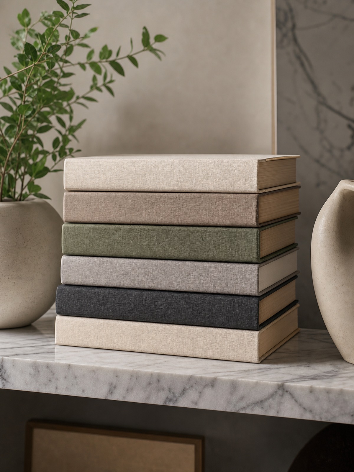 Stack of hardcover interior design books Stack of neutral hardcover interior design books on a marble shelf with plant and ceramic decor | Sky Rye Design Stack of neutral hardcover interior design books on a marble shelf with plant and ceramic decor