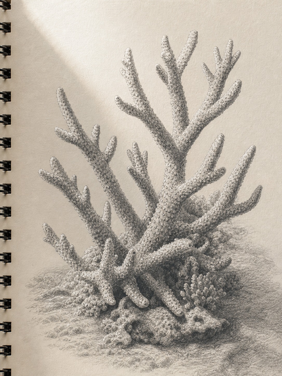 Detailed graphite study of staghorn coral branches rising from a seafloor base.