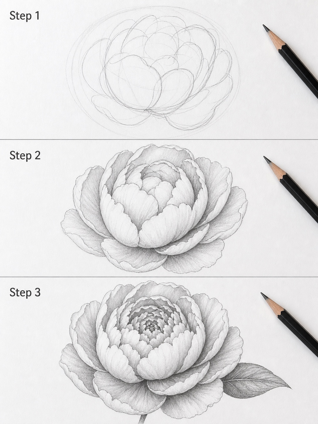 Three-panel peony drawing tutorial showing rough construction, refined petals, and a completed shaded peony illustration.