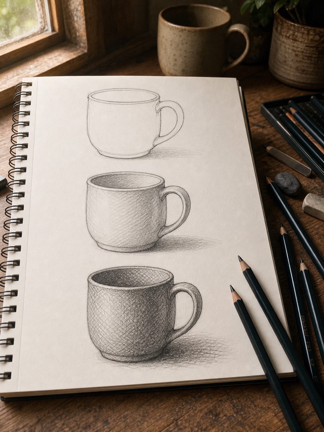 Sketchbook page showing the same mug drawn with contour, hatching, and cross-hatching.
