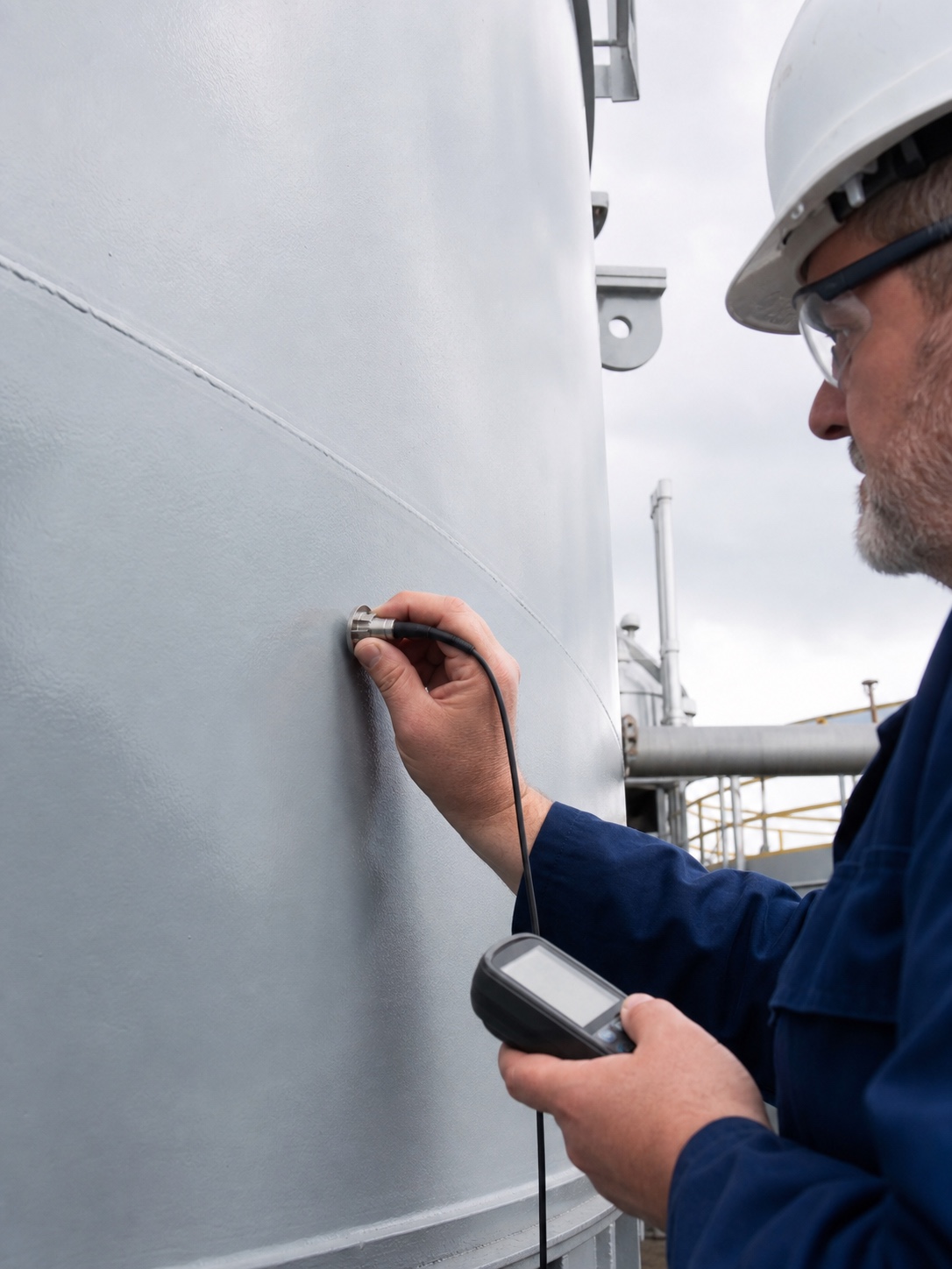 Storage Tank Protective Coating Inspection Inspector measuring protective coating thickness on a large industrial storage tank. | Sky Rye Design Inspector measuring protective coating thickness on a large industrial storage tank.