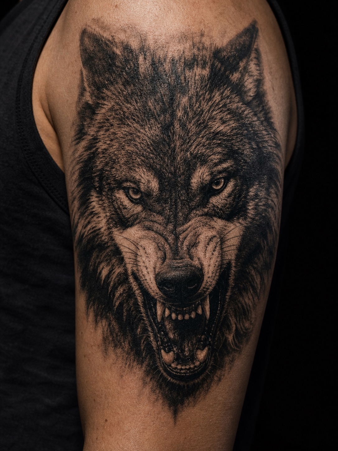 Dark blackwork snarling wolf tattoo on an upper arm.