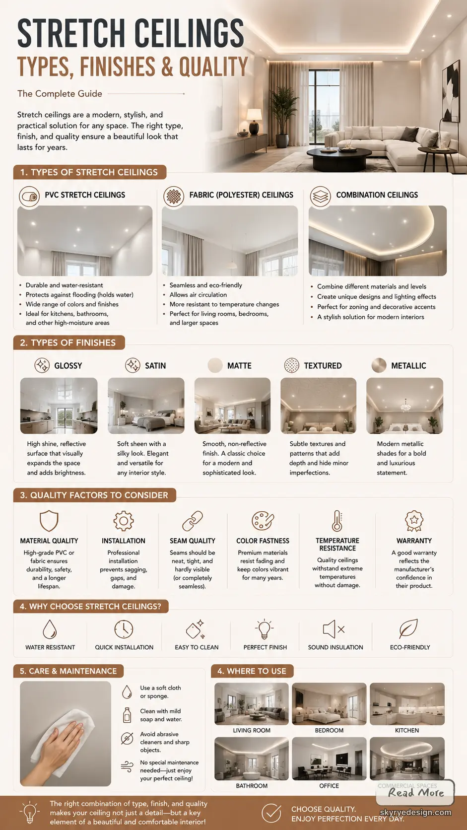 Stretch ceilings infographic: guide to types (PVC, fabric, combination), finishes, quality factors, care, and uses