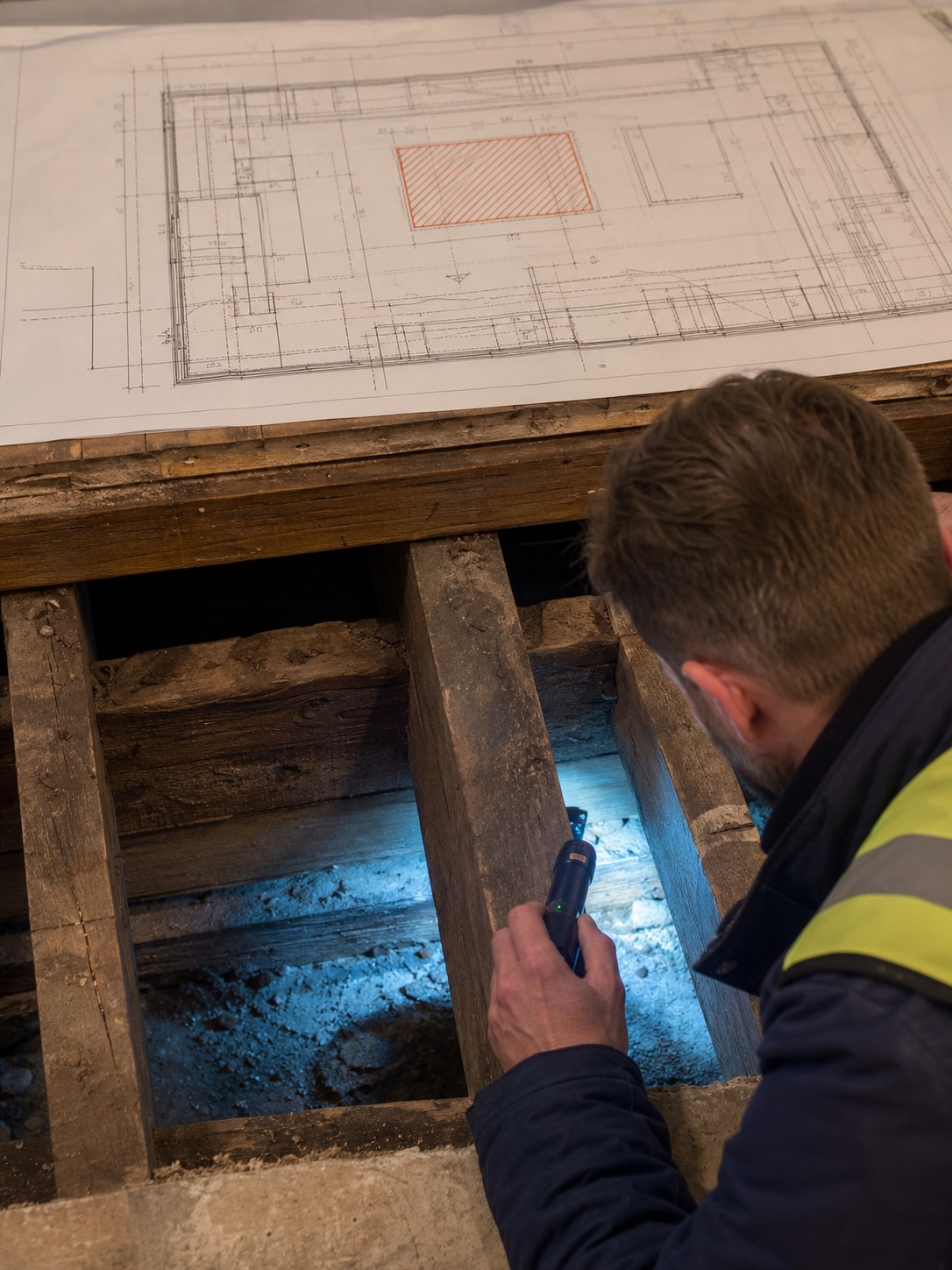 Engineer inspecting timber floor structure for the load of a planned stone kitchen island.