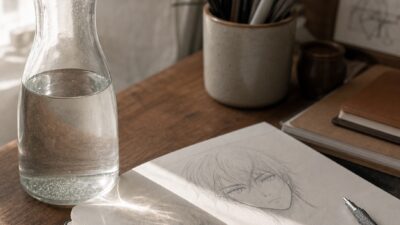 A glass water carafe beside an open sketchbook on a wooden studio desk.