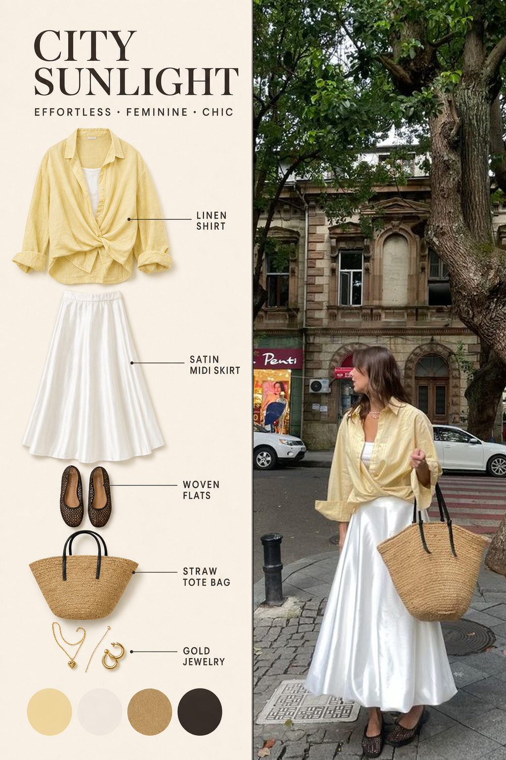 Summer Outfit Color Combination Infographic 01 Yellow shirt, white skirt, and straw tote summer outfit infographic | Sky Rye Design Yellow shirt, white skirt, and straw tote summer outfit infographic