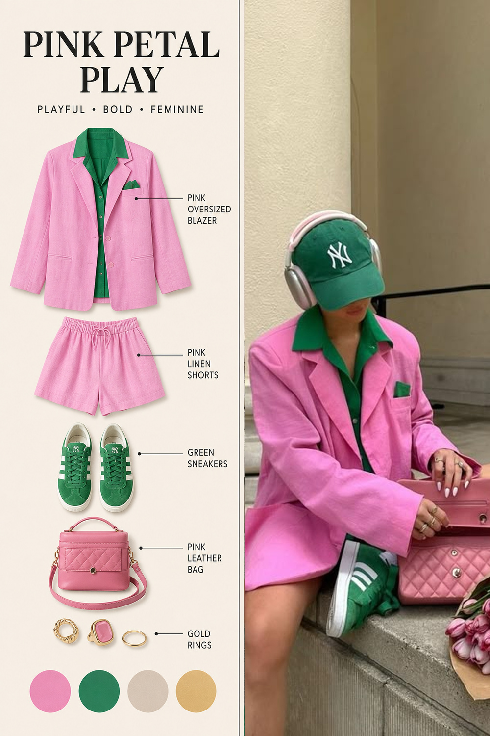 Summer Outfit Color Combination Infographic 03 Pink blazer and green cap summer outfit infographic | Sky Rye Design Pink blazer and green cap summer outfit infographic
