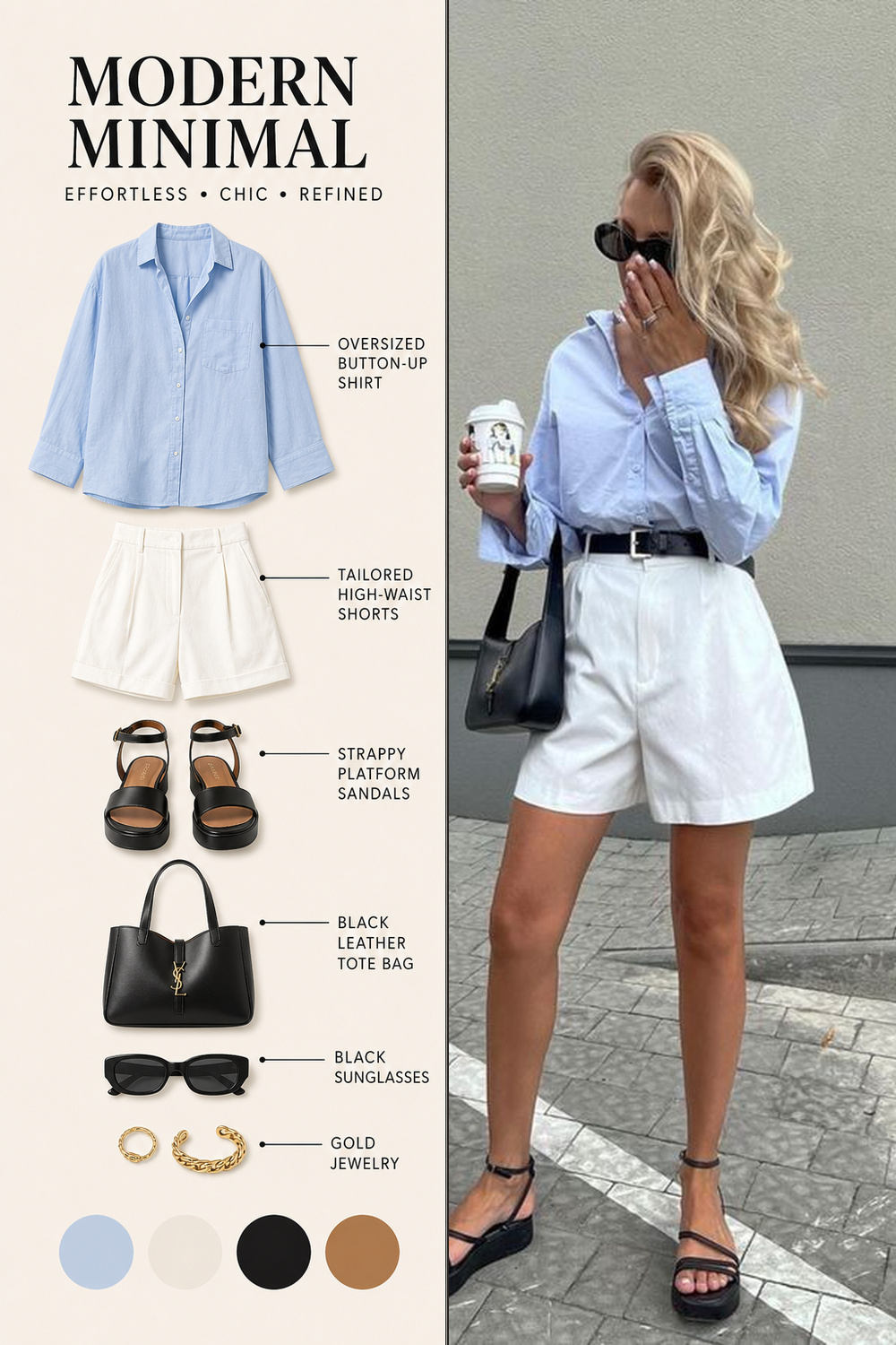 Summer Outfit Color Combination Infographic 04 Blue shirt and white shorts summer outfit infographic | Sky Rye Design Blue shirt and white shorts summer outfit infographic