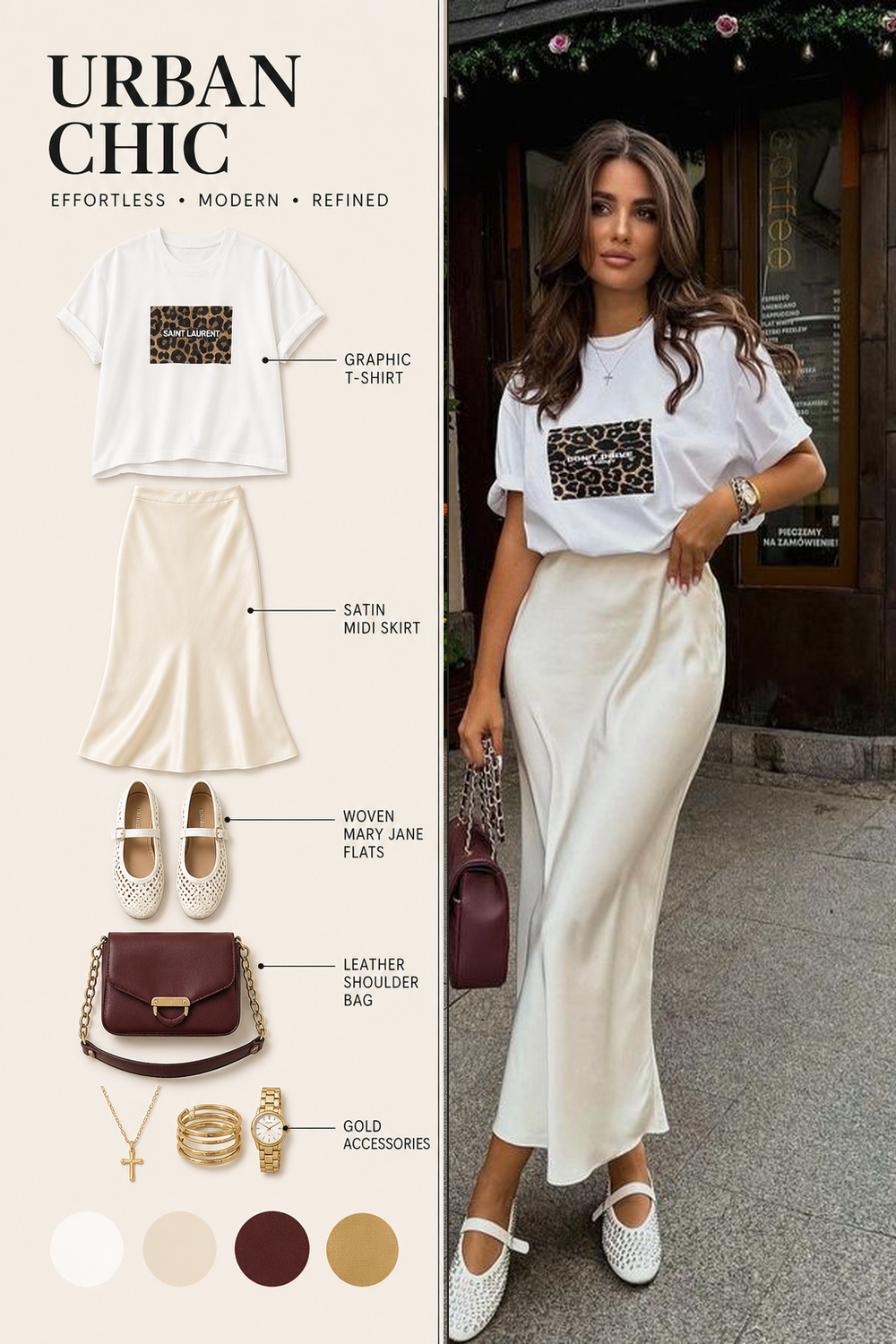 Summer Outfit Color Combination Infographic 05 White skirt and leopard print shirt summer outfit infographic | Sky Rye Design White skirt and leopard print shirt summer outfit infographic