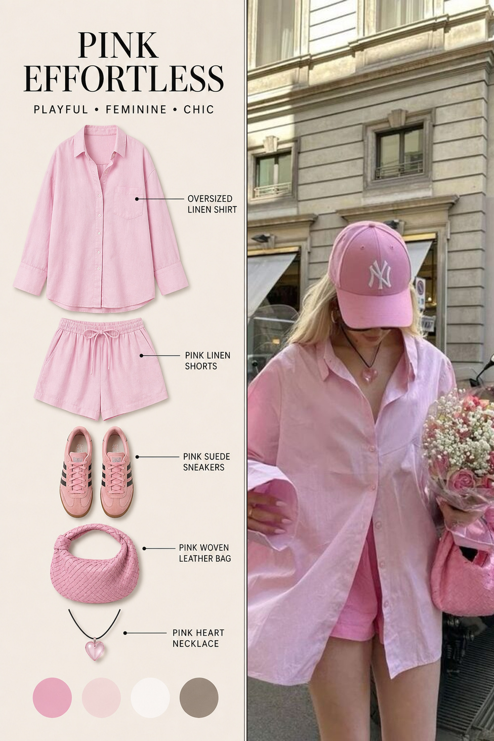 Summer Outfit Color Combination Infographic 06 Ad collage featuring a coordinated pink outfit: oversized linen shirt, pink linen shorts, pink suede sneakers, pink woven bag, pink heart necklace; color swatches shown; person in pink on the right. | Sky Rye Design Pink shirt and cap summer outfit infographic