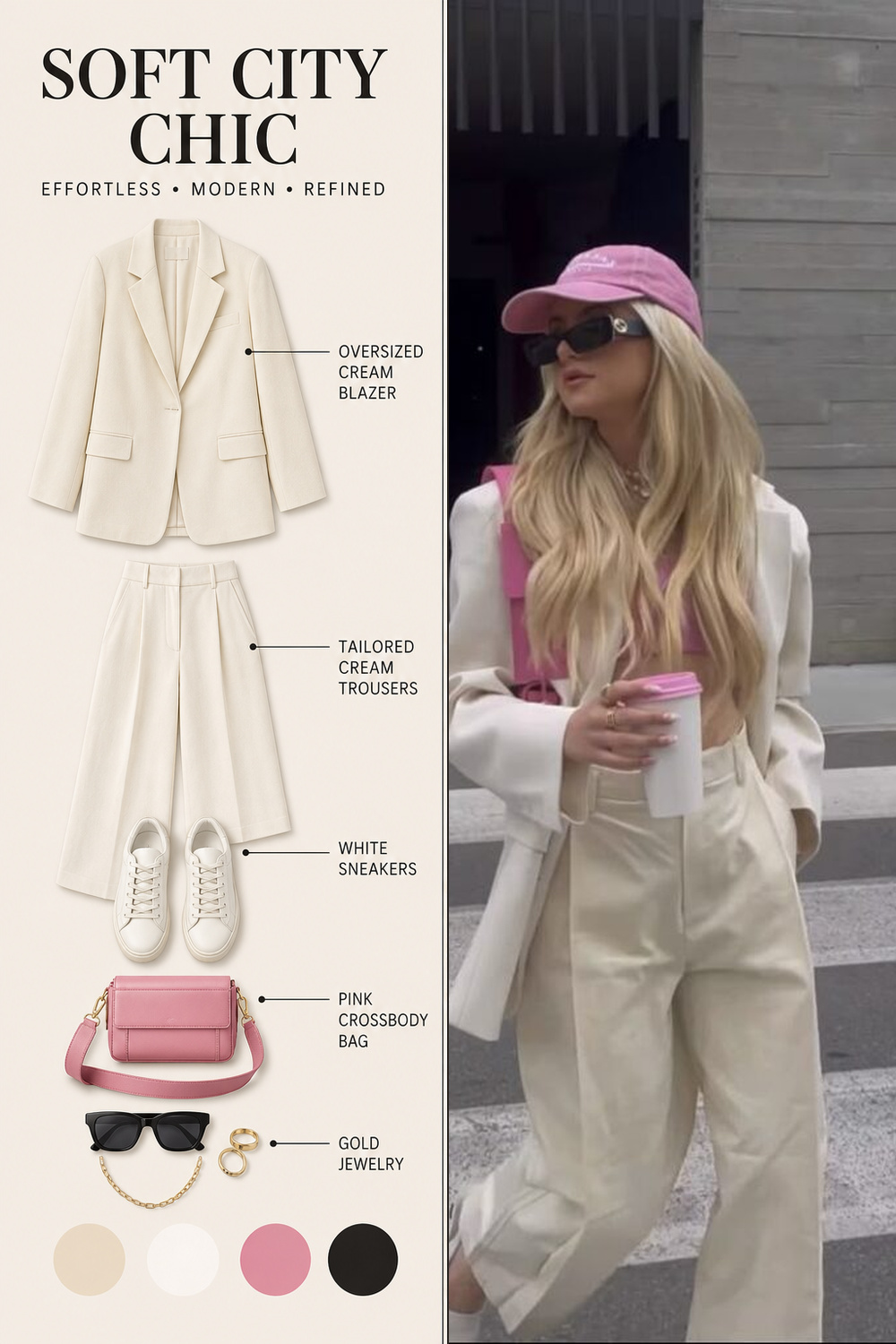 Summer Outfit Color Combination Infographic 07 Left: cream-toned fashion collage featuring an oversized cream blazer, tailored cream trousers, white sneakers, pink crossbody bag, and gold jewelry; right: woman in a cream suit with a pink cap, sunglasses, and a takeaway coffee. | Sky Rye Design Cream outfit with pink cap summer outfit infographic