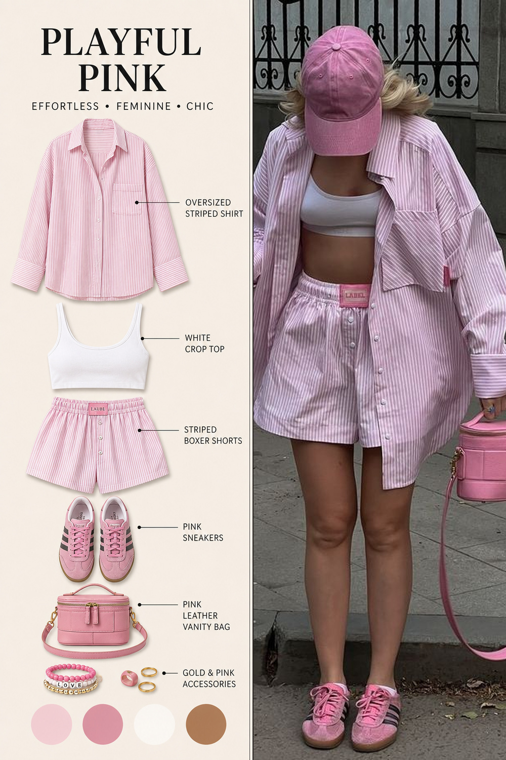 Summer Outfit Color Combination Infographic 08 Pink striped shirt and shorts summer outfit infographic | Sky Rye Design Pink striped shirt and shorts summer outfit infographic